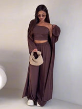 Women's 3 Piece Off Shoulder Sleeveless Cropped Tank Top With Elastic Wide Leg Pant And Long Cardigan