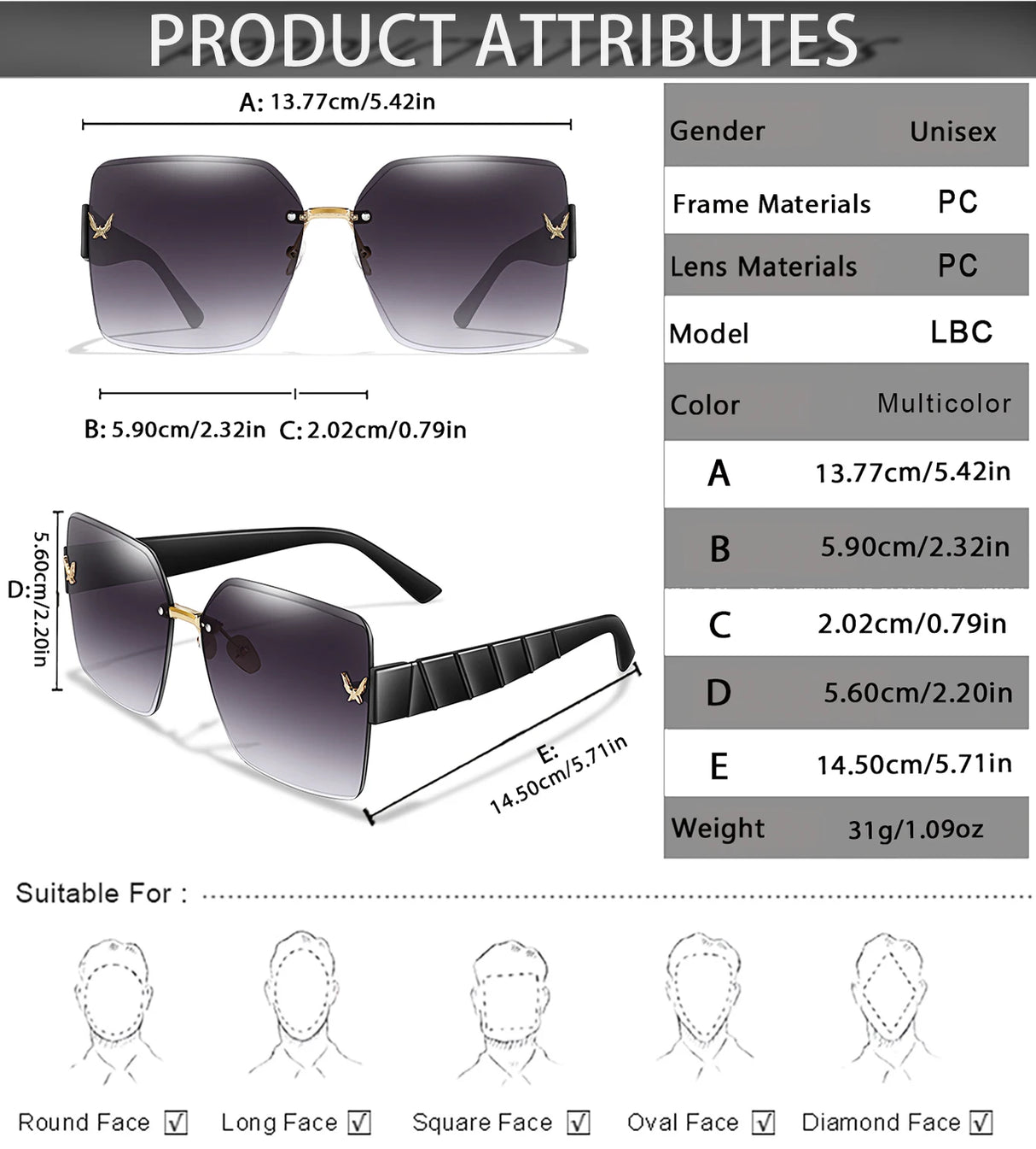 Men Or Women's UV Protection Rimless Sunglasses