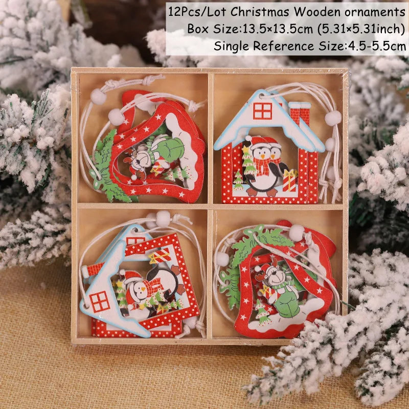 4-12pcs Wooden Christmas Tree Pendants Ornaments