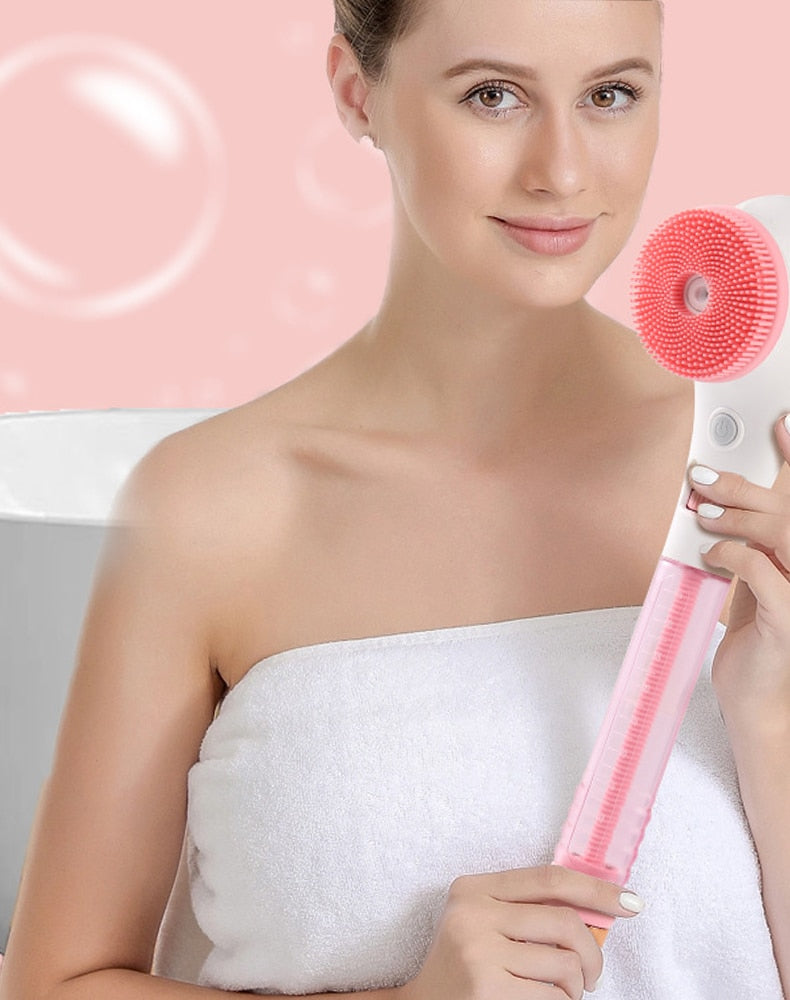 USB Rechargeable Silicone Waterproof Exfoliating Bath Brush With Removeable Handle.