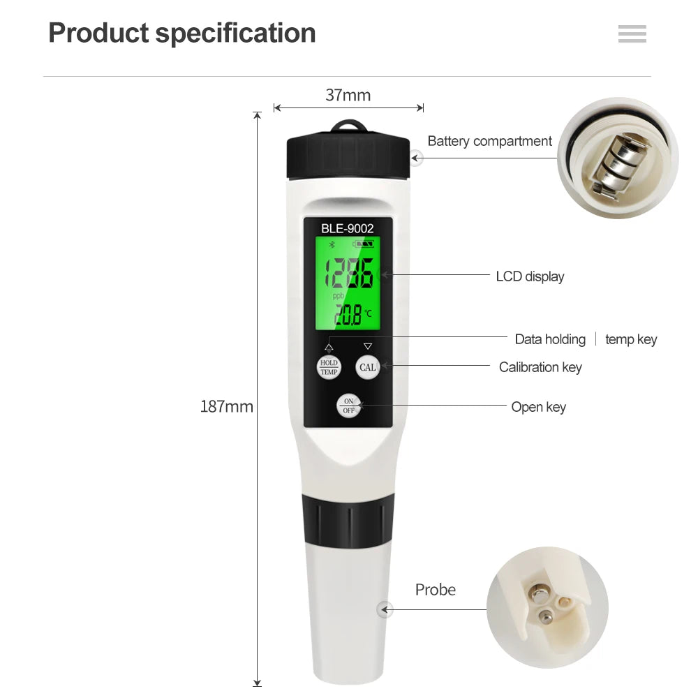 Blue Tooth H2 Hydrogen-rich Meter Lon 0-2990ppb ATC APP Online Monitor For Drinking Water Or Aquarium