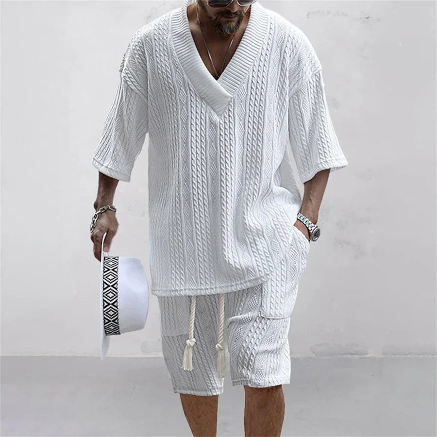 Men's Two Piece V-Neck Knitted Casual Shorts Set