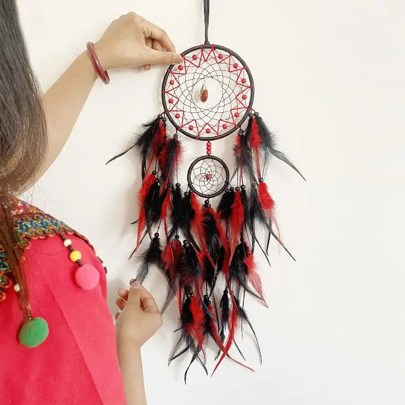 Hand-woven Dreamcatcher With Artificial Feathers And Crystals