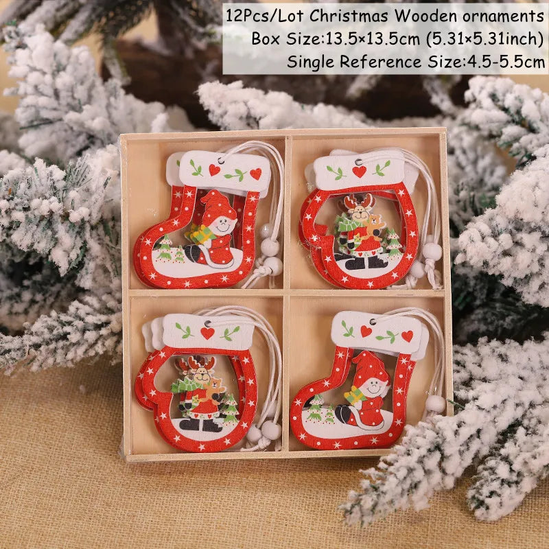 4-12pcs Wooden Christmas Tree Pendants Ornaments