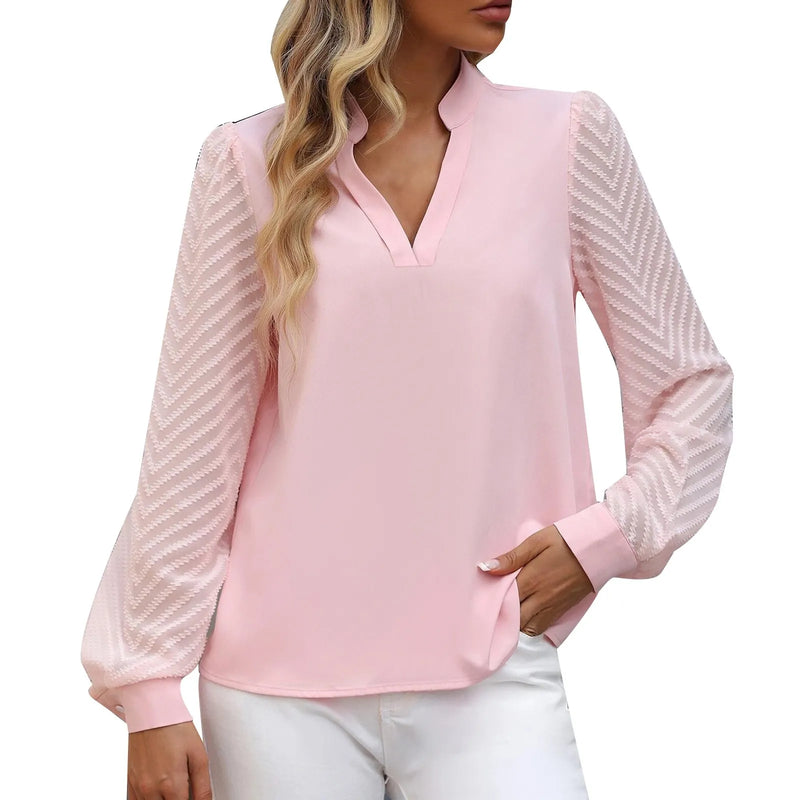 Women's V-Neck, Long Mesh Sleeve Blouses.