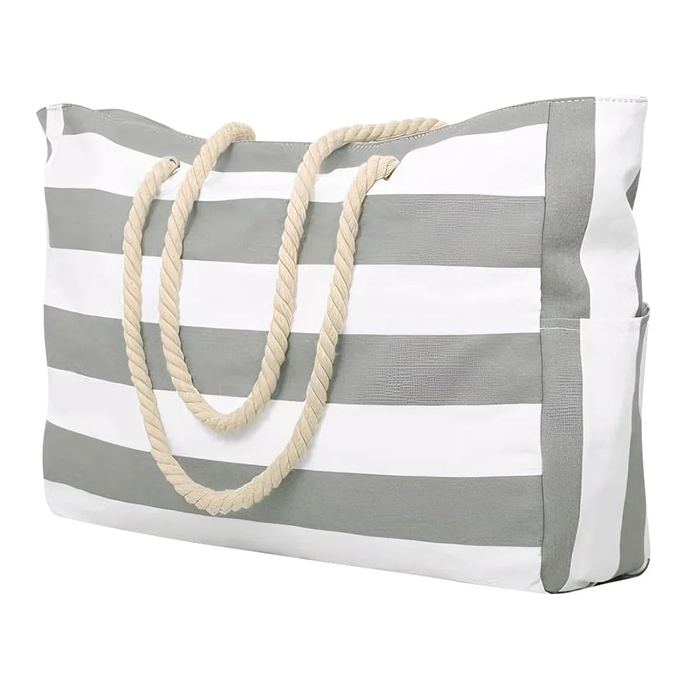 Striped Waterproof Canvas Summer Beach Tote Bag With Zipper