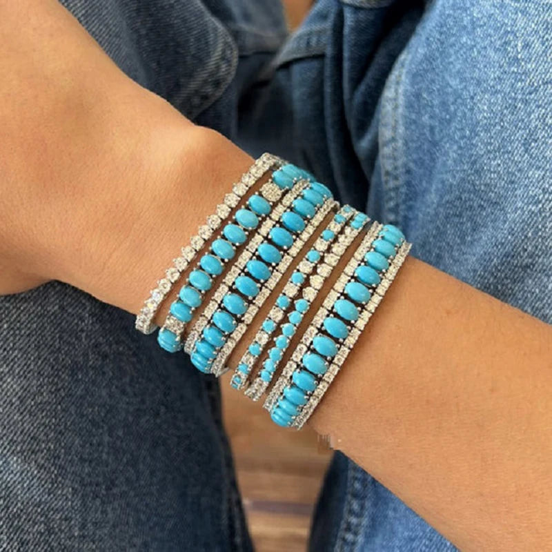 17-19CM Platinum Plated Turquoise Blue With White CZ Stone Tennis Bracelet