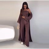 Women's 3 Piece Off Shoulder Sleeveless Cropped Tank Top With Elastic Wide Leg Pant And Long Cardigan