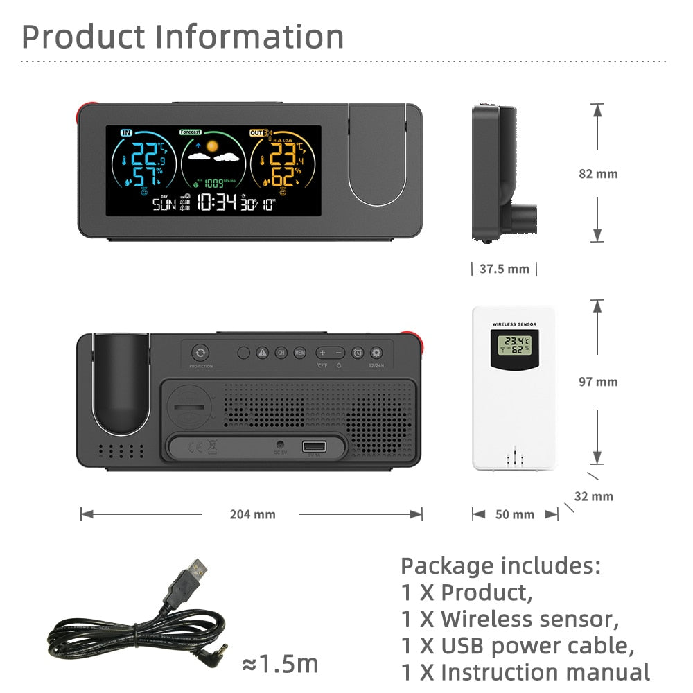 Projection Color Screen Digital Alarm Clock Temperature and Humidity Meter.