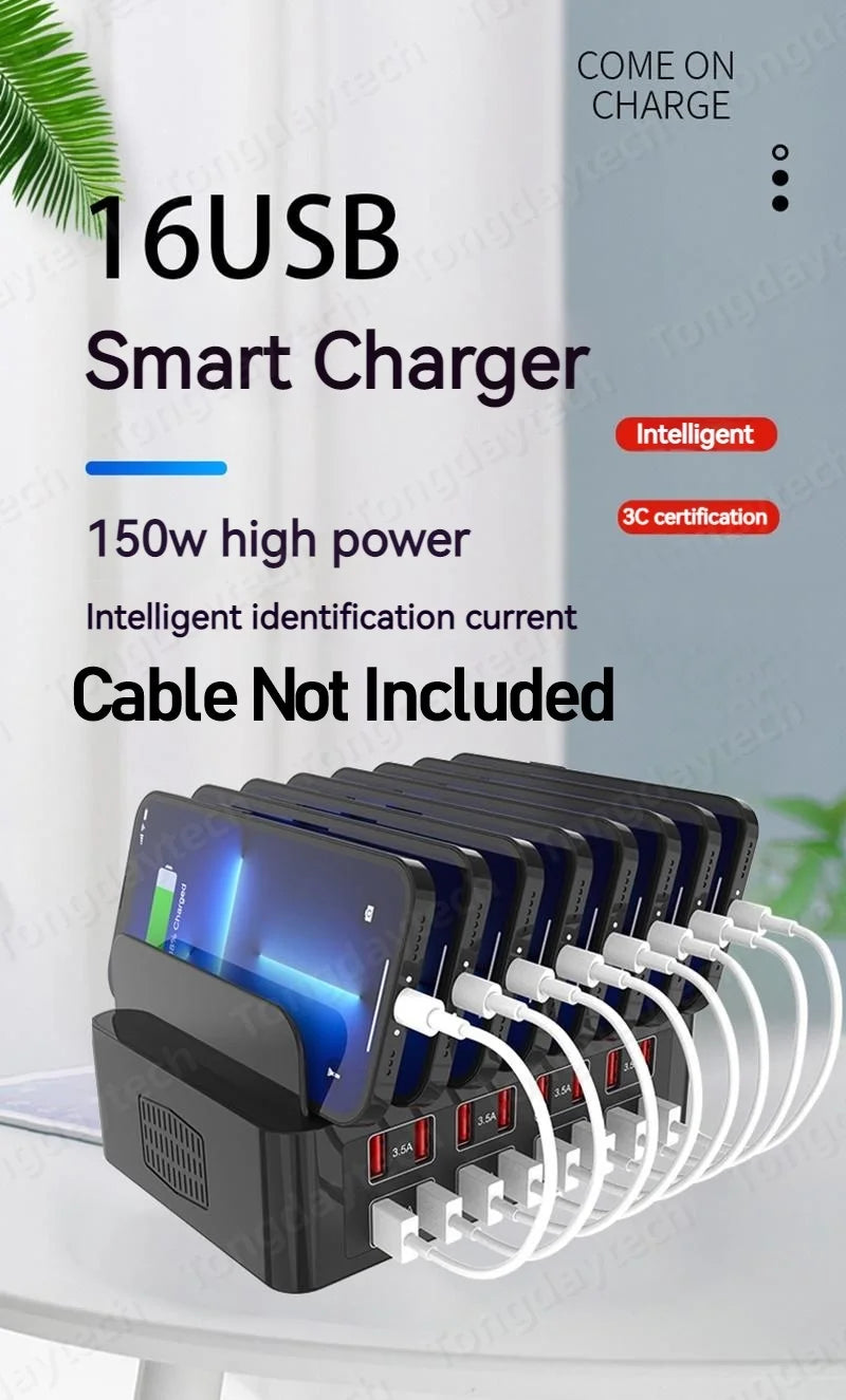 150W Universal Multi 16 Port USB 3.5A Fast Charging Station For Iphone Ipad Samsung Xiaomi Tablet