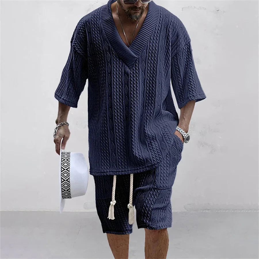 Men's Two Piece V-Neck Knitted Casual Shorts Set