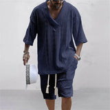 Men's Two Piece V-Neck Knitted Casual Shorts Set