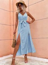 Elegant Sleeveless V Neck Maxi Dress With Slit on the Side.