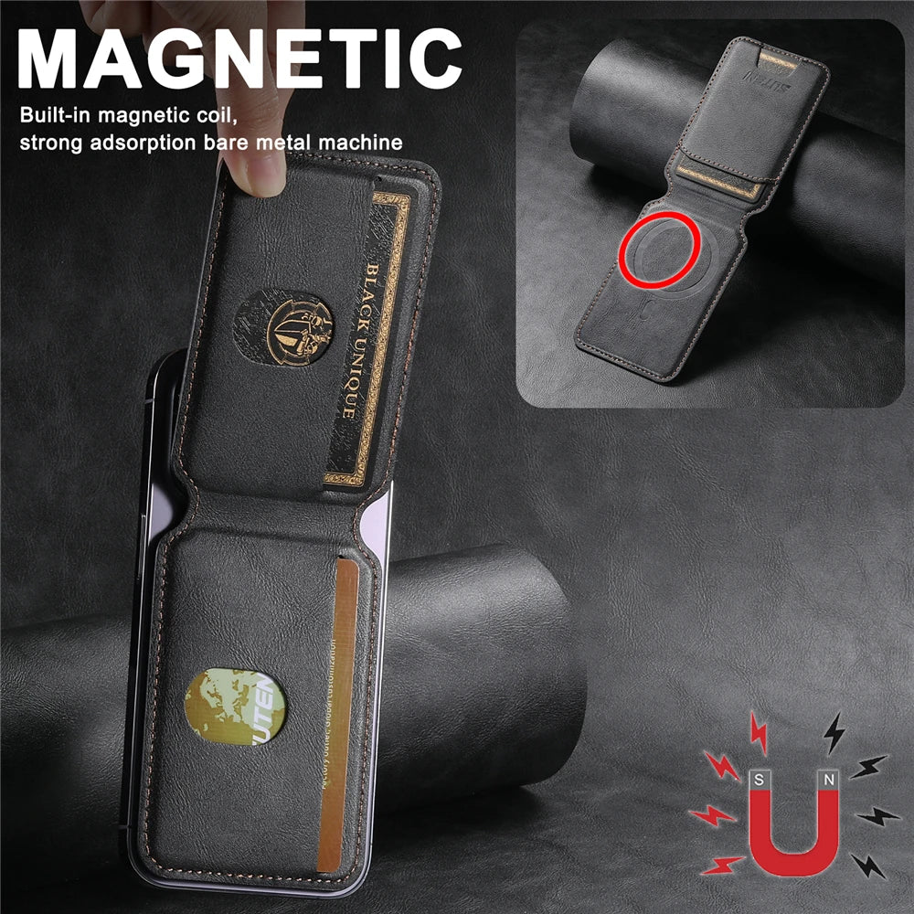 Leather Magnetic Wallet With Card Holder For iPhone 16 Pro Max 15 14 13 12 11
