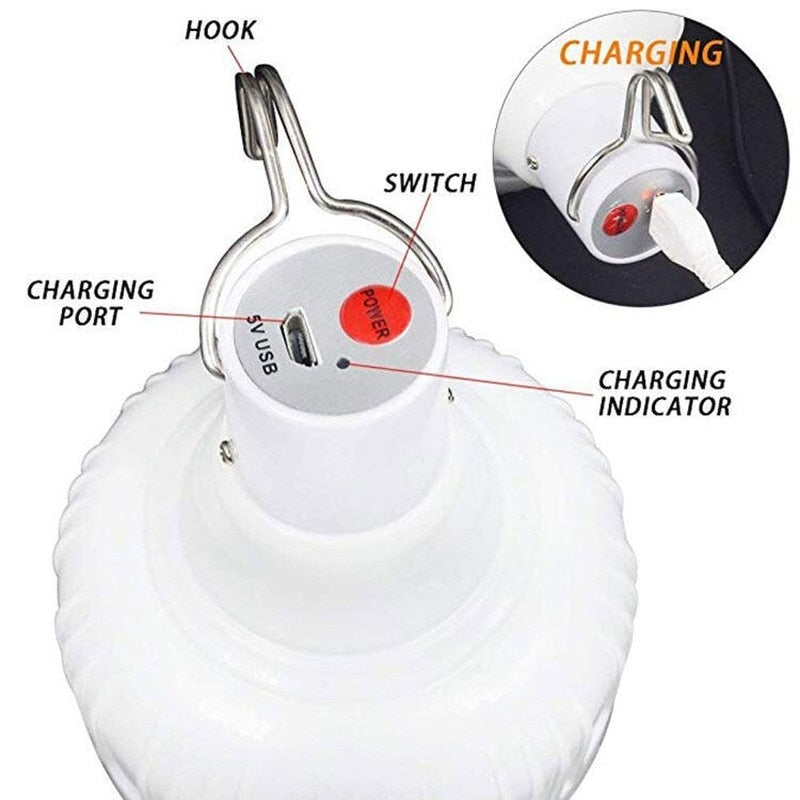 Portable LED Rechargeable Emergency Light. Lantern comes with a hook for camping or patio lighting.