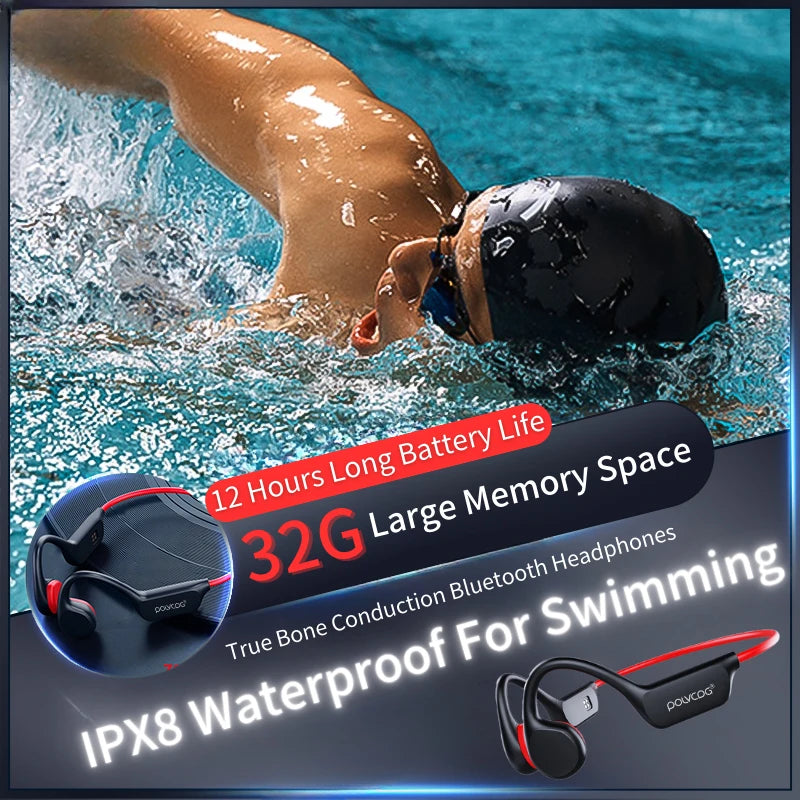 POLVCDG  Wireless/ Waterproof Bluetooth Bone Conduction Headset X7 IPX8 32GB Memory 5.3