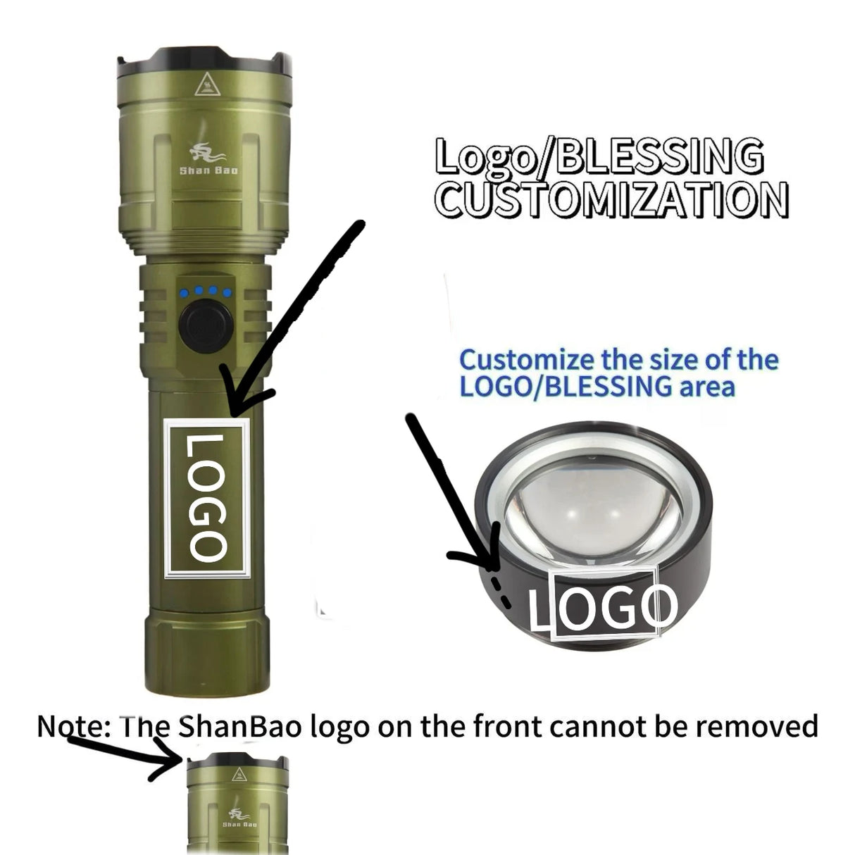 Shan bao Customized 3000LM Waterproof Flashlight With Zoom options
