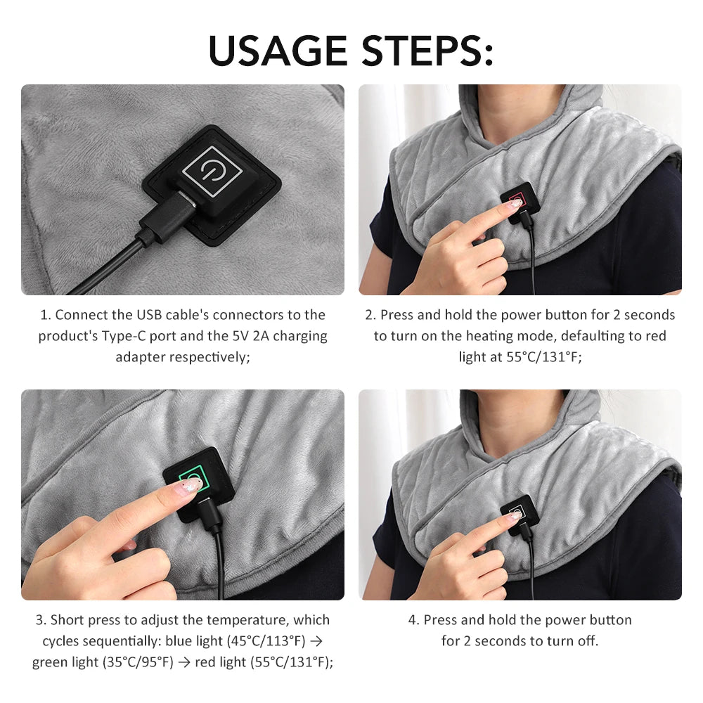 USB Heated Shoulder And Neck Padded Shawl With 3 Heat Settings