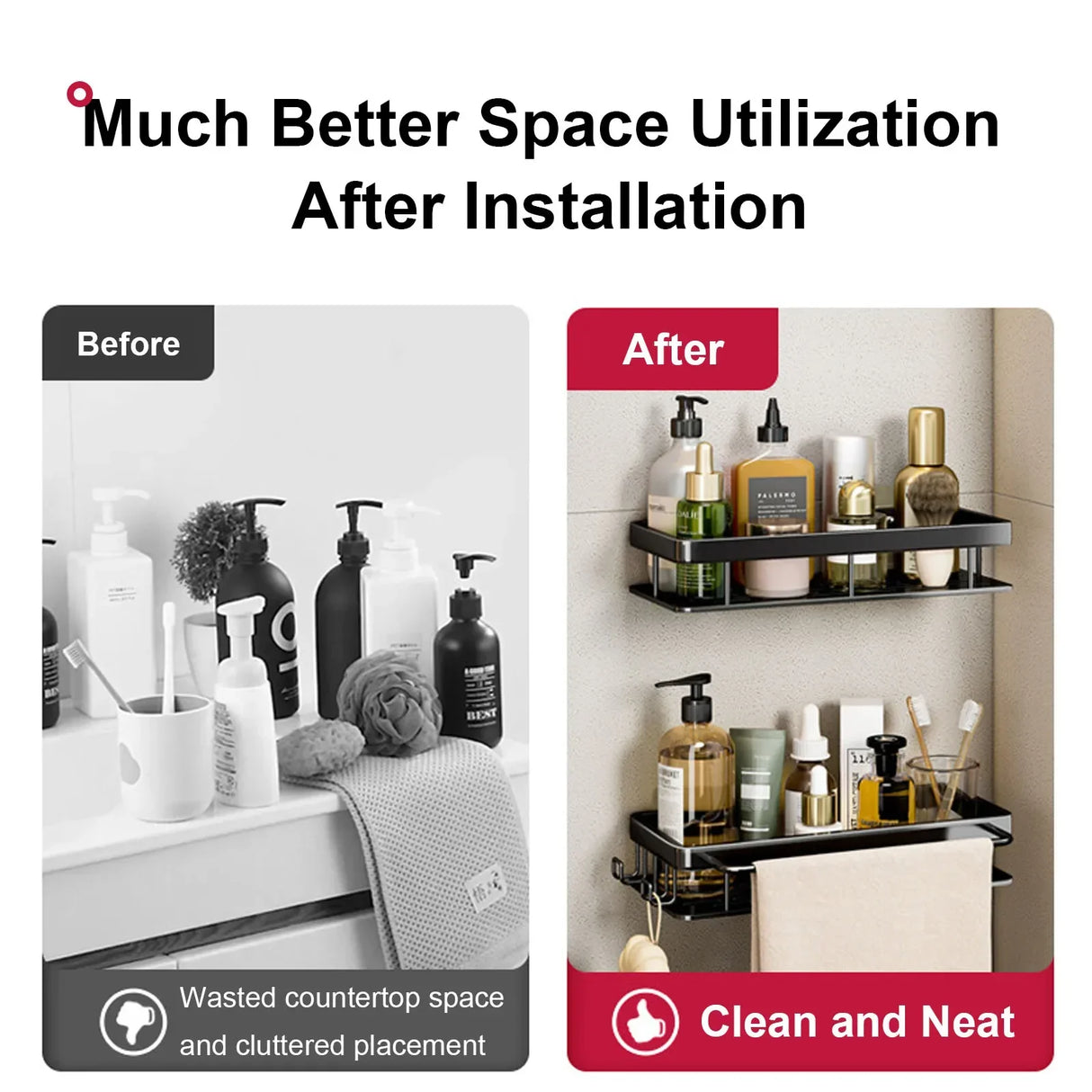 Metal Wall Mounted Bathroom/Kitchen Shelf With Adhesive Patch To Secure