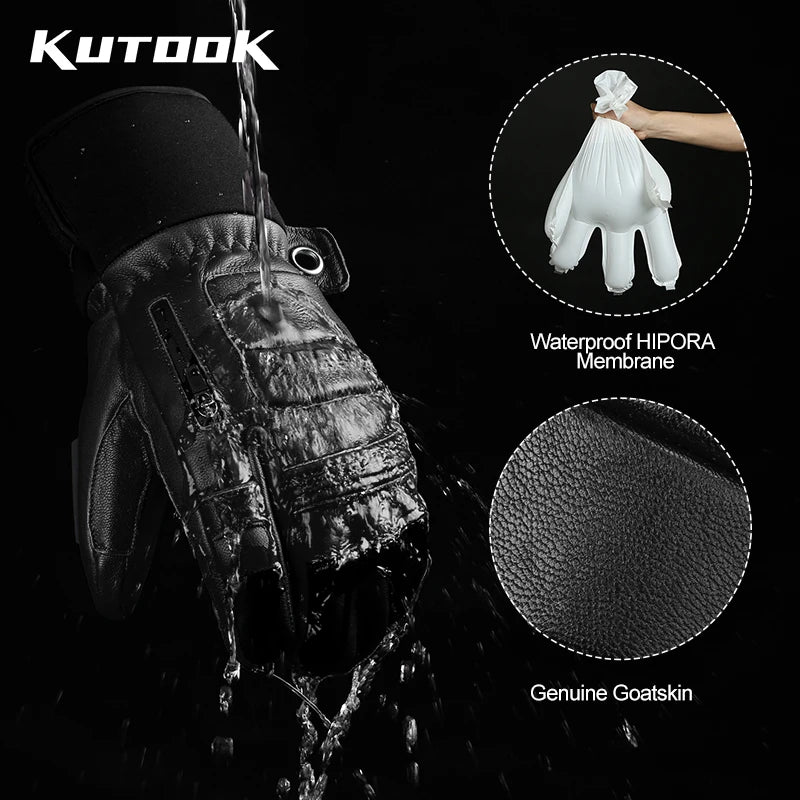 KUTOOK Men's Goatskin Leather Waterproof Thermal Gloves
