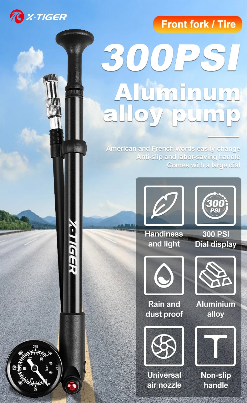 X-TIGER 25cm Portable High-pressure 300psi Bike Air Pump with Gauge