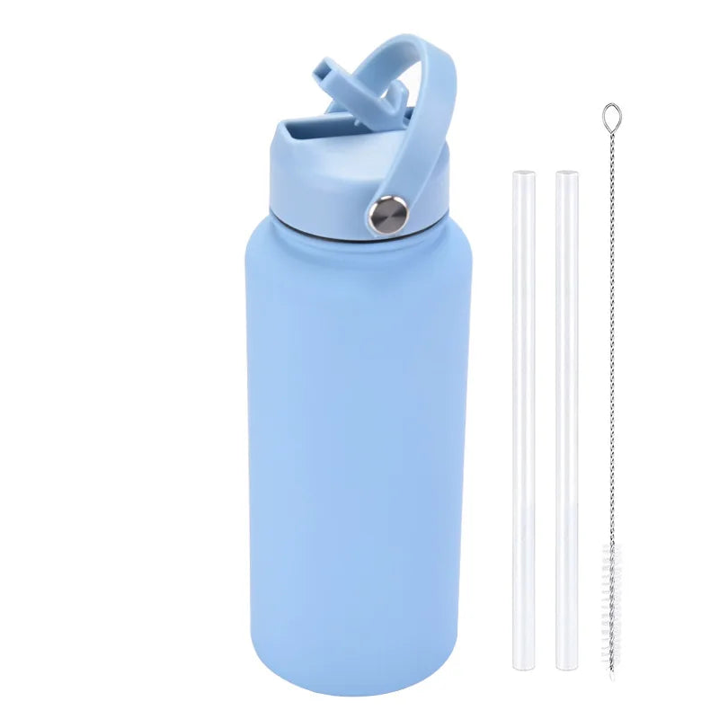 1L  Stainless Steel, Wide Mouthed, Thermos Water Bottle With Straw