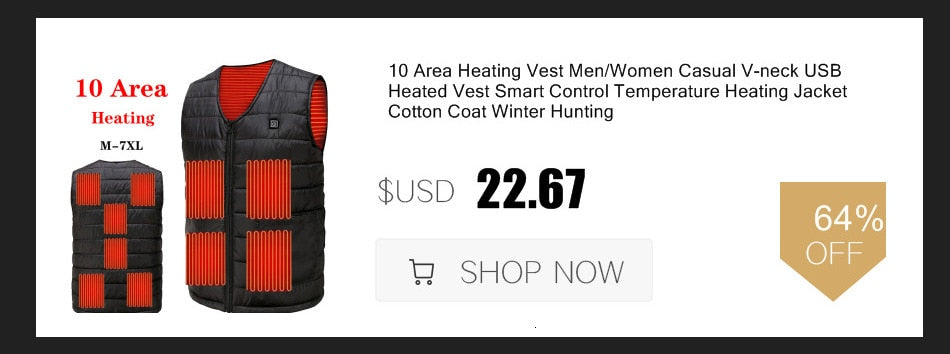 Men's and Women's USB Heated Thermal Vest. Sizes S to 6XL and Up to 17 Heating Zones.