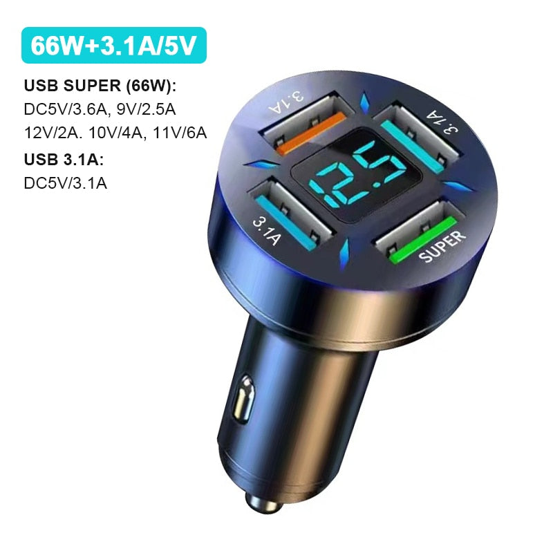 66W  Fast Charging Phone Charger for iPhone, Samsung. plugs into your cigarette lighter and has 4-USB ports