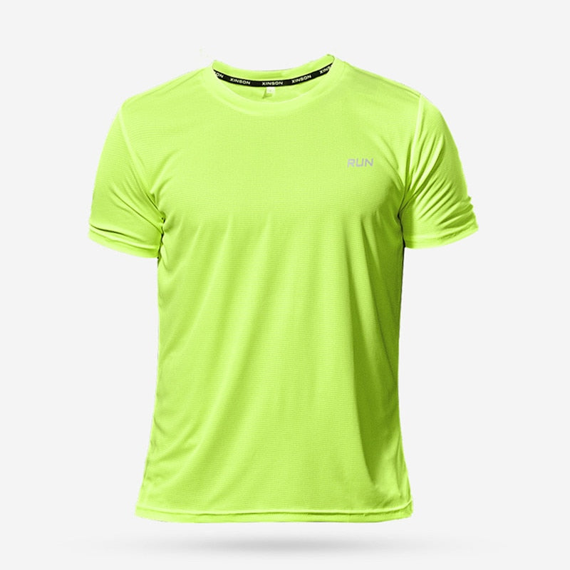 Men's multicolor short sleeve gym shirts. Quick drying, breathable sportswear
