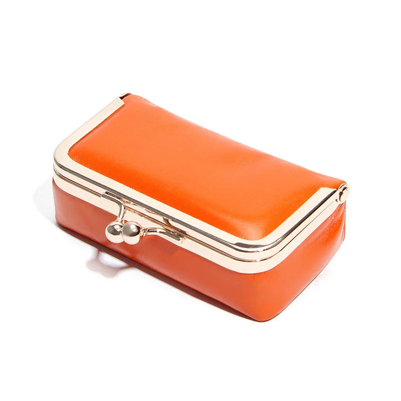 Compact Genuine Leather Kiss-Lock Mini Accessorie Pouch