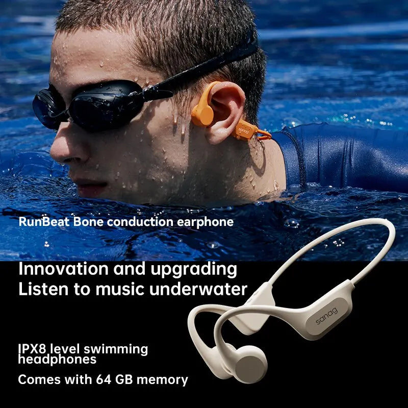Sanag B60 Pro Bone Conduction Earphone, IPX8 Wireless Open Headset Bluetooth 5.3 Swimming 64GB MP3 Earbuds