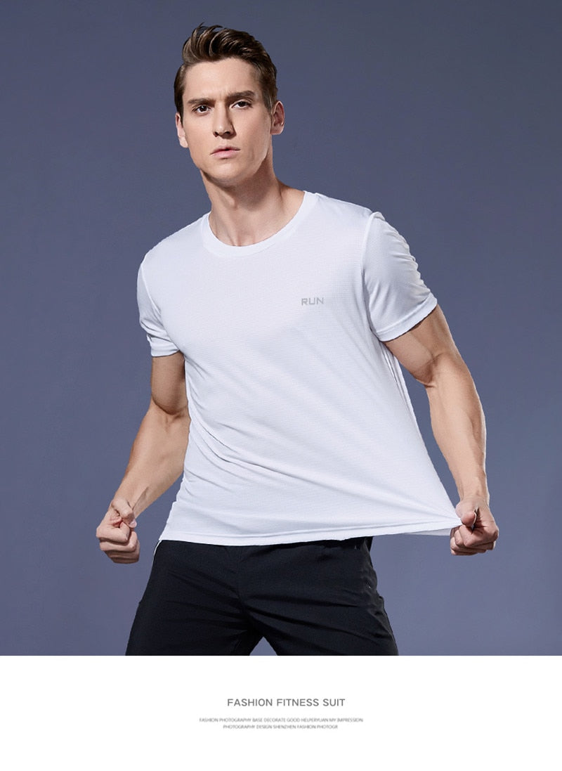 Men's multicolor short sleeve gym shirts. Quick drying, breathable sportswear