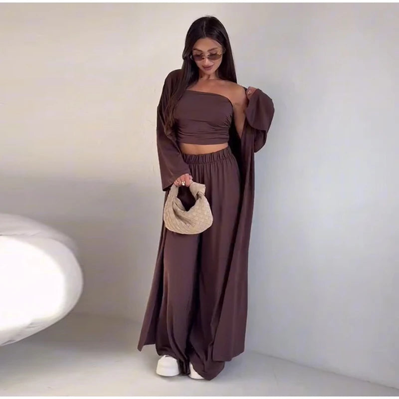 Women's 3 Piece Off Shoulder Sleeveless Cropped Tank Top With Elastic Wide Leg Pant And Long Cardigan