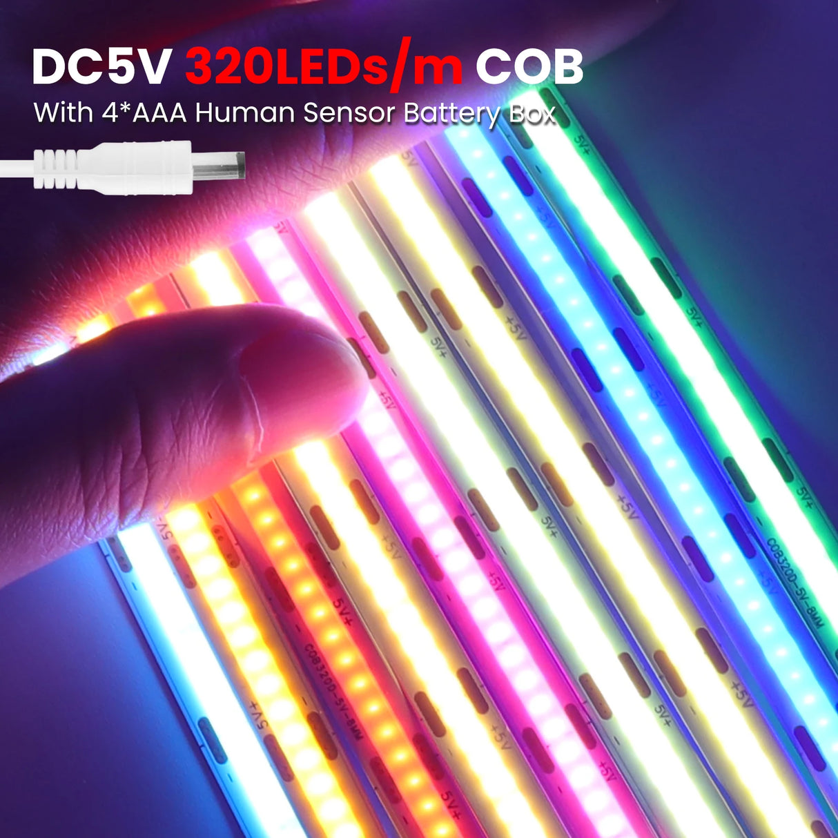 Battery Powered8MM COB Multi Color Led Strip 5V with Motion Sensor 320LEDs/M Led Induction