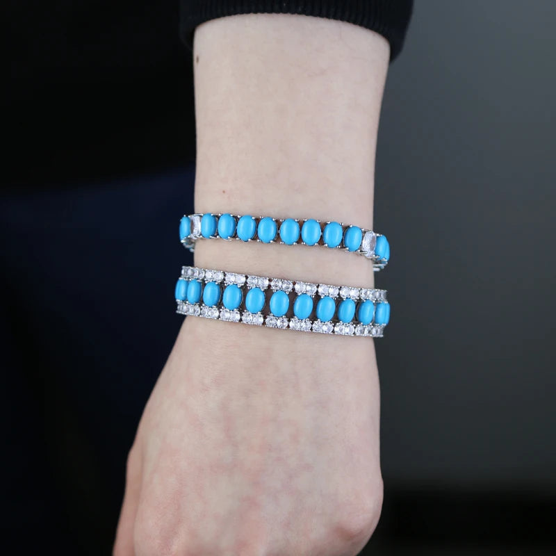 17-19CM Platinum Plated Turquoise Blue With White CZ Stone Tennis Bracelet