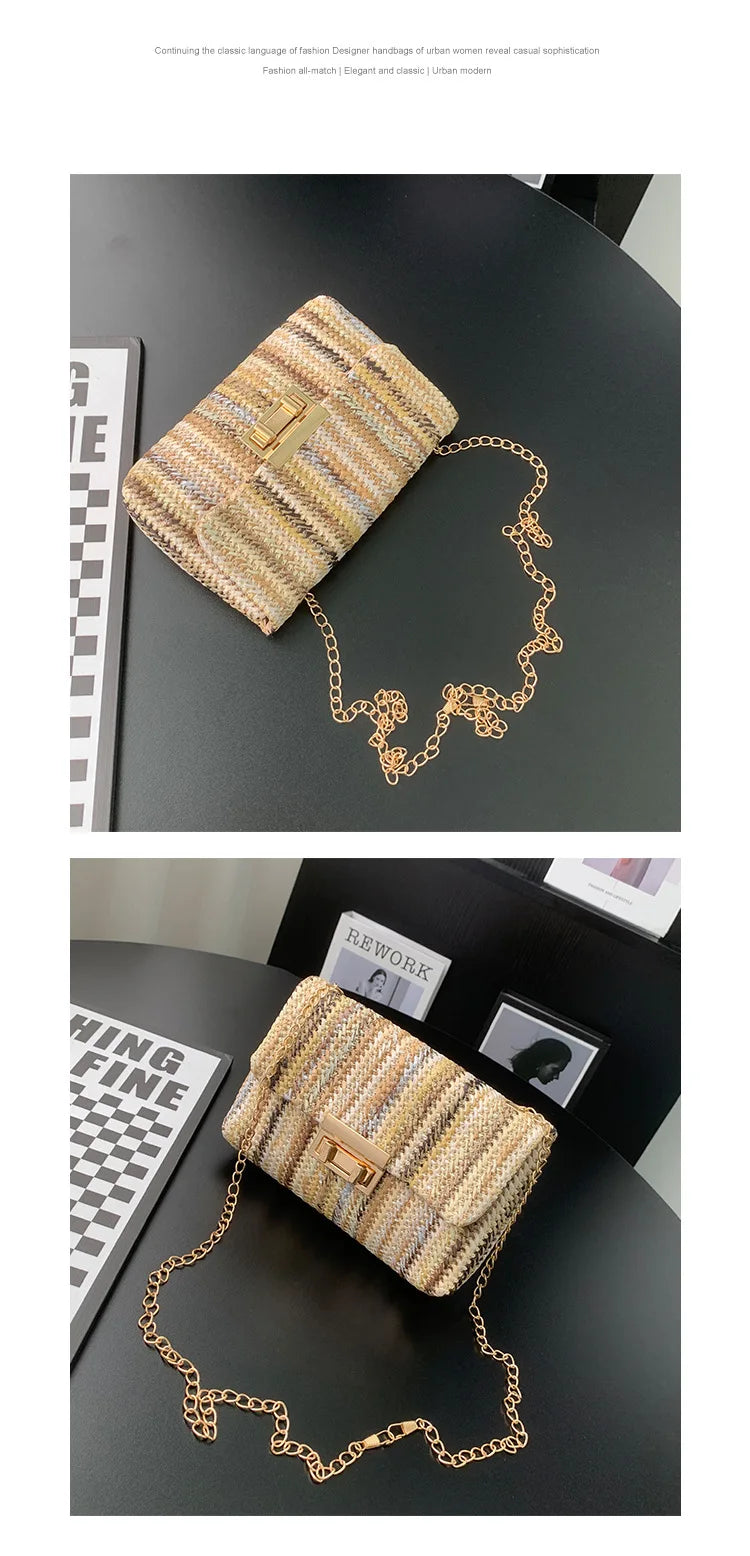 Women's Straw Rainbow Stripe Shoulder Crossbody Handbag With Chain Strap
