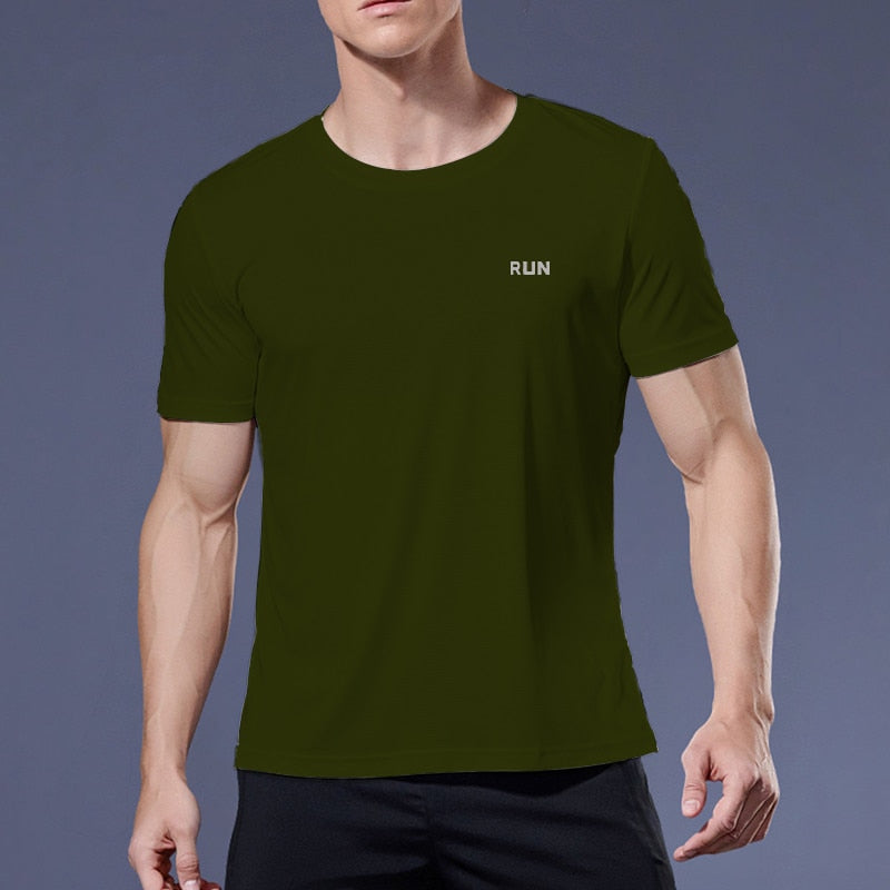 Men's multicolor short sleeve gym shirts. Quick drying, breathable sportswear