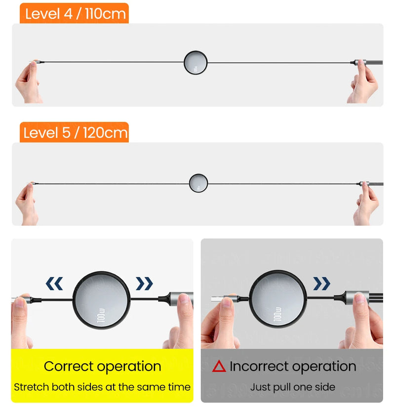 3in1 Retractable Fast Charge  USB To 8 pin/Type C 6A 100W USB Cable for iPhone 14 13 12 Pro Max