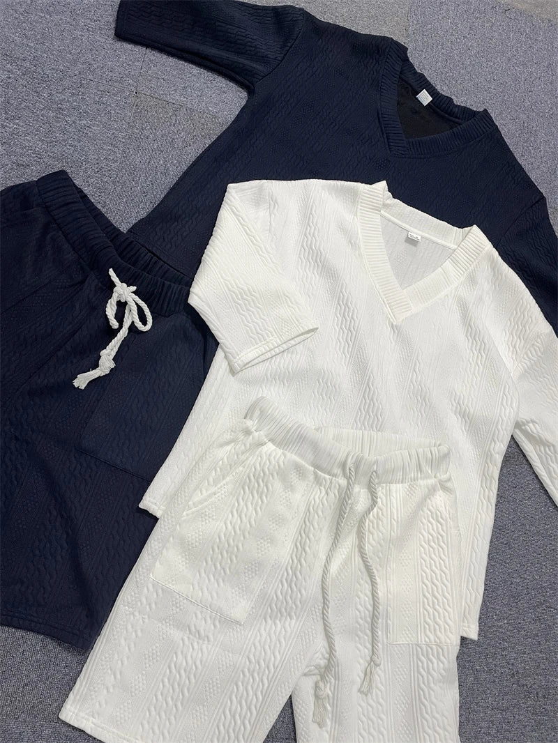 Men's Two Piece V-Neck Knitted Casual Shorts Set