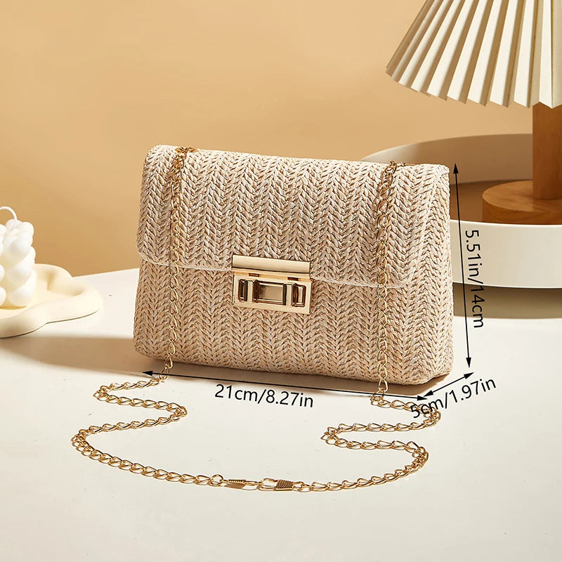 Women's Woven Straw Shoulder Bag With Chain Strap and Buckle Clutch Closure