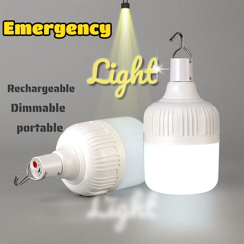 Portable LED Rechargeable Emergency Light. Lantern comes with a hook for camping or patio lighting.