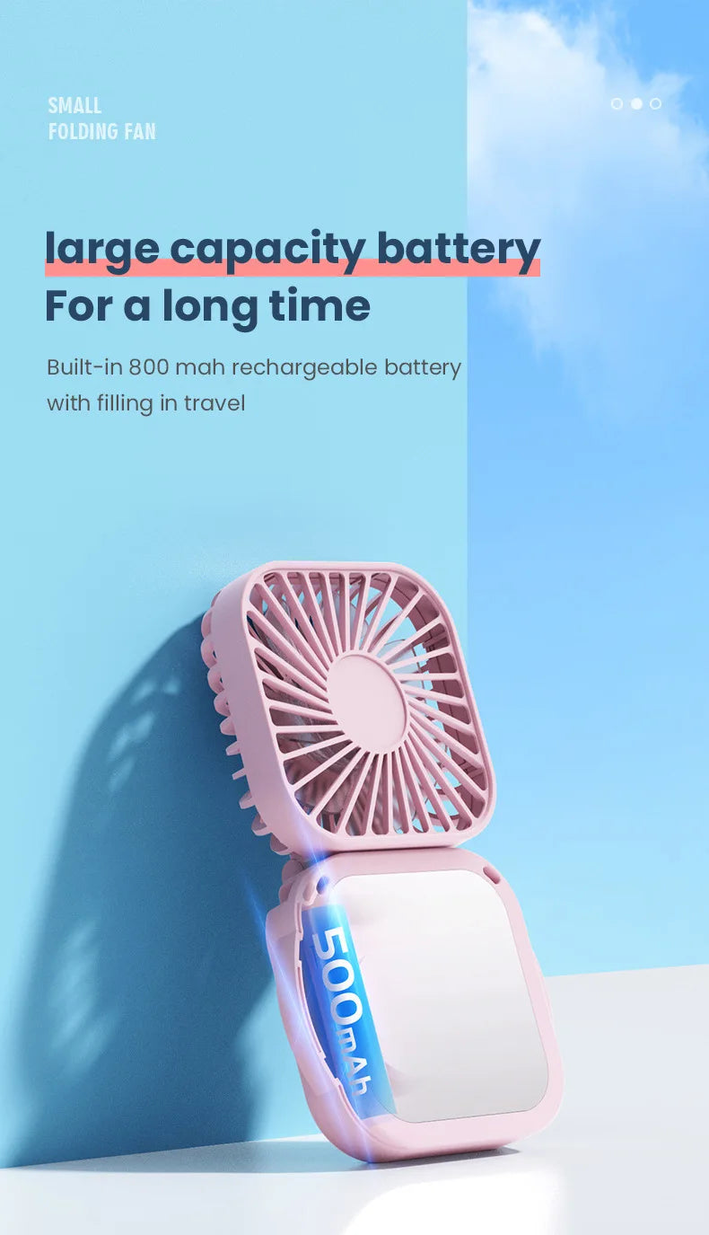 500mAh USB Rechargeable Handheld Portable Fan with Mirror