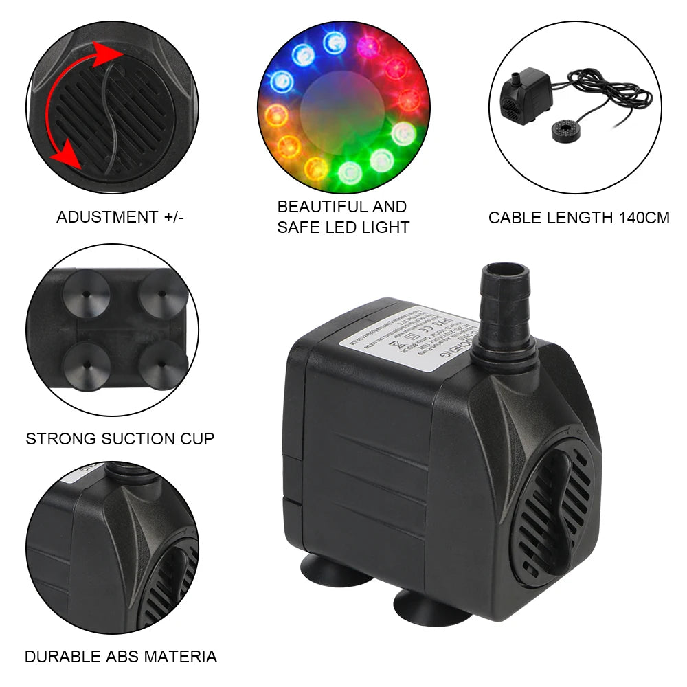 Submersible Ultra-quiet Water Pump With 12 LED Lights For Bird Baths Or Aquariums