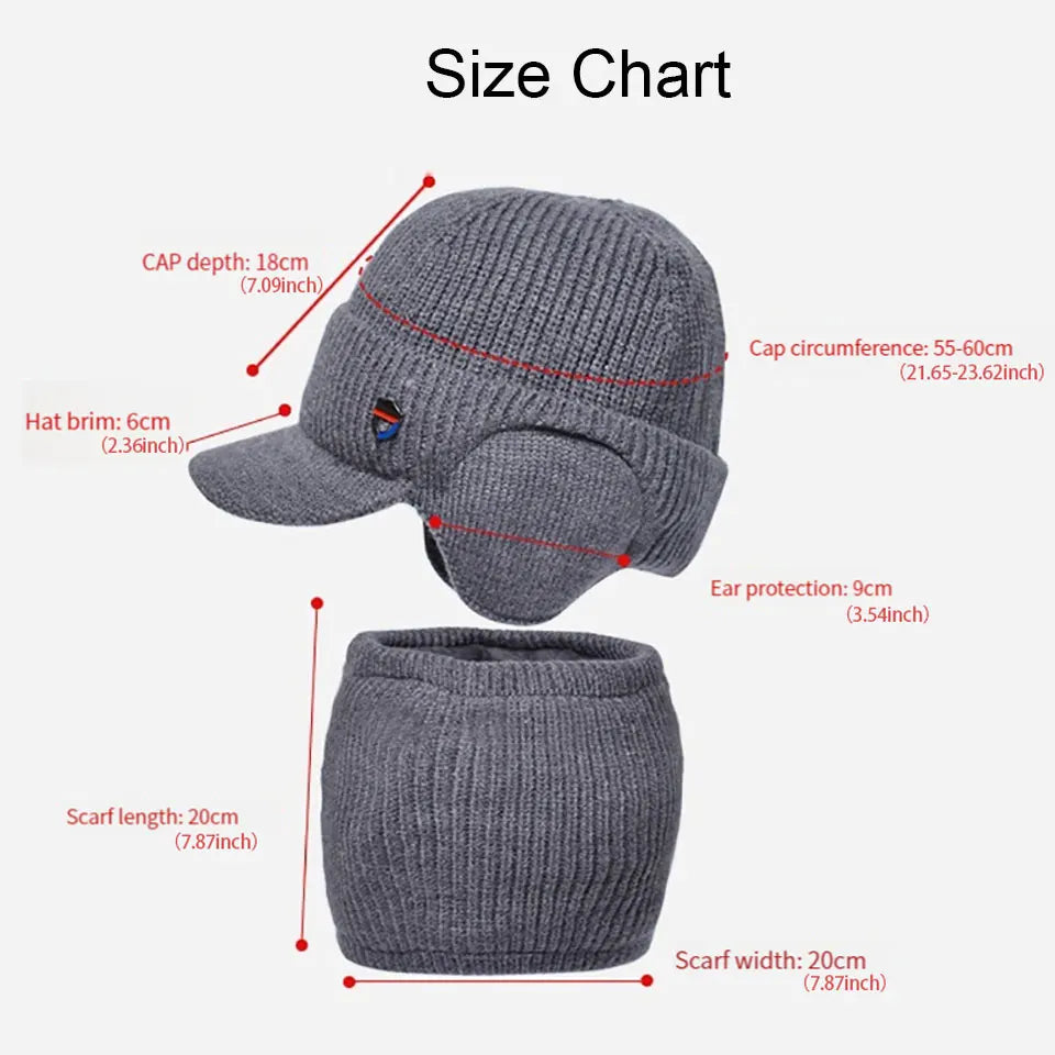 Men Or Women's Knitted Neck Scarf And Hat With Extra Ear Protection