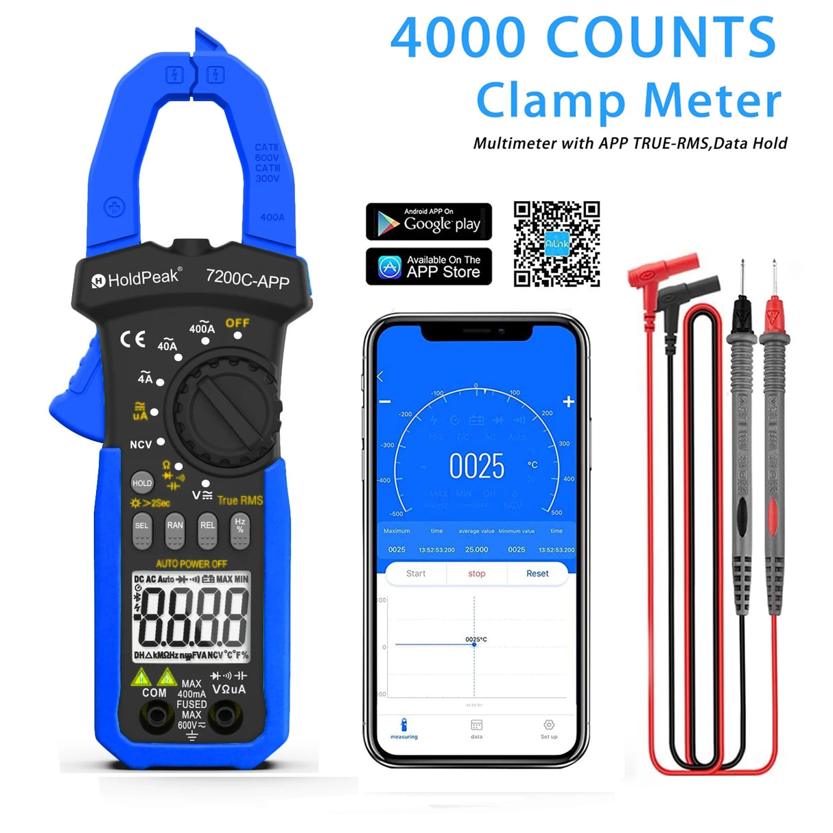 HOLDPEAK HP-7200C-APP Clamp Meter Multimeter 4000 counts with Smartphone APP,AC/DC TRUE-RMS LCD Display  Lamp Light Data Hold