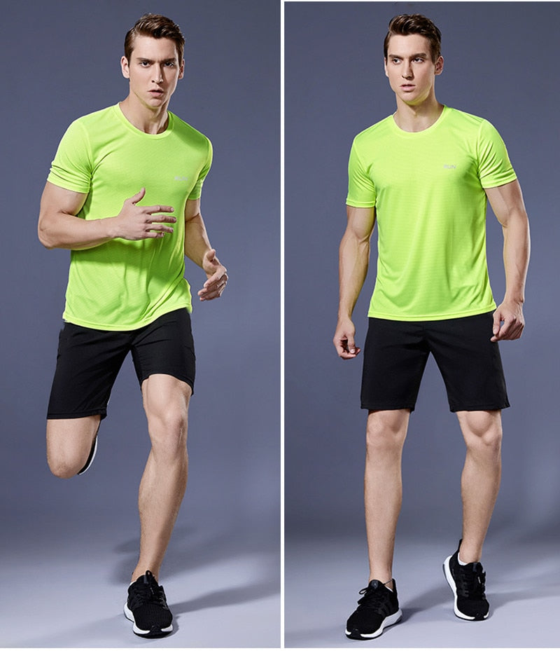Men's multicolor short sleeve gym shirts. Quick drying, breathable sportswear