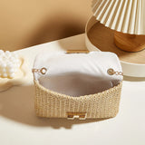 Women's Woven Straw Shoulder Bag With Chain Strap and Buckle Clutch Closure