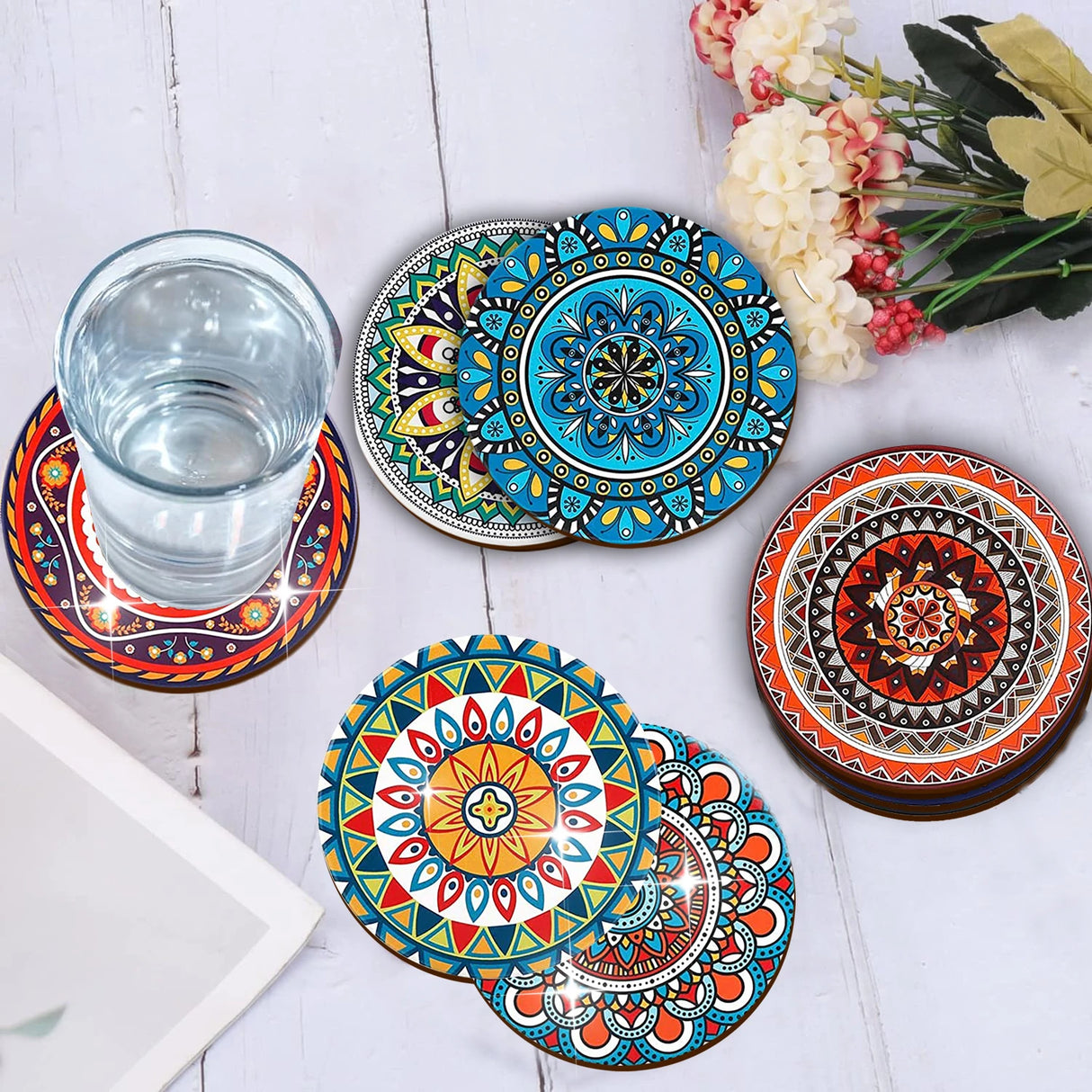 8 Pieces/Set Mandala Patterned Wooden Anti-Slip Coasters