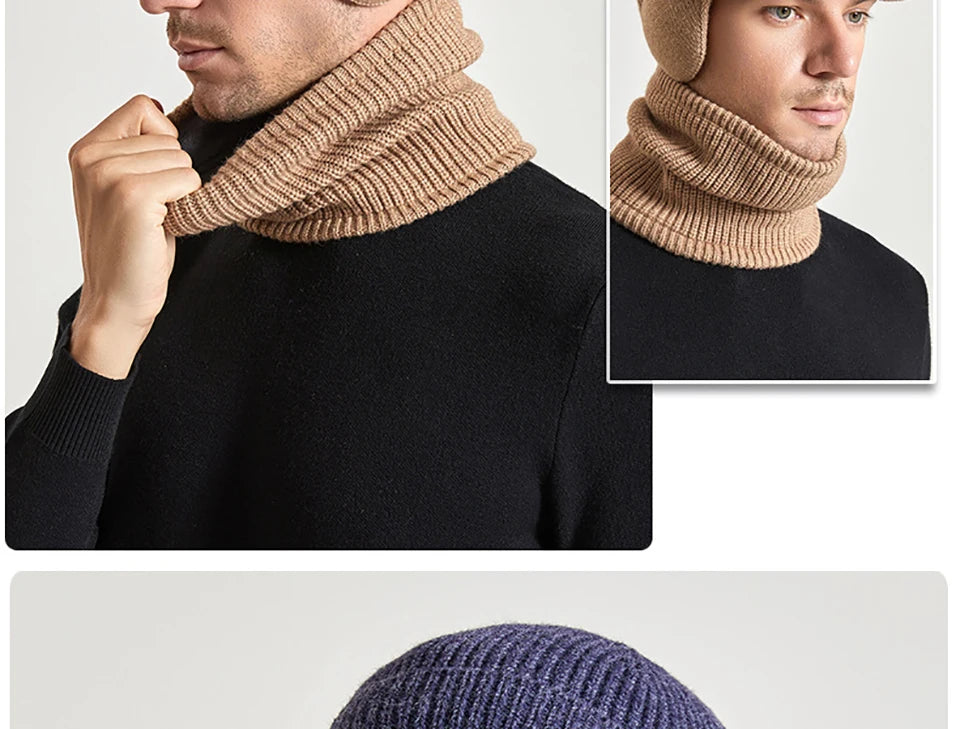 Men Or Women's Knitted Neck Scarf And Hat With Extra Ear Protection