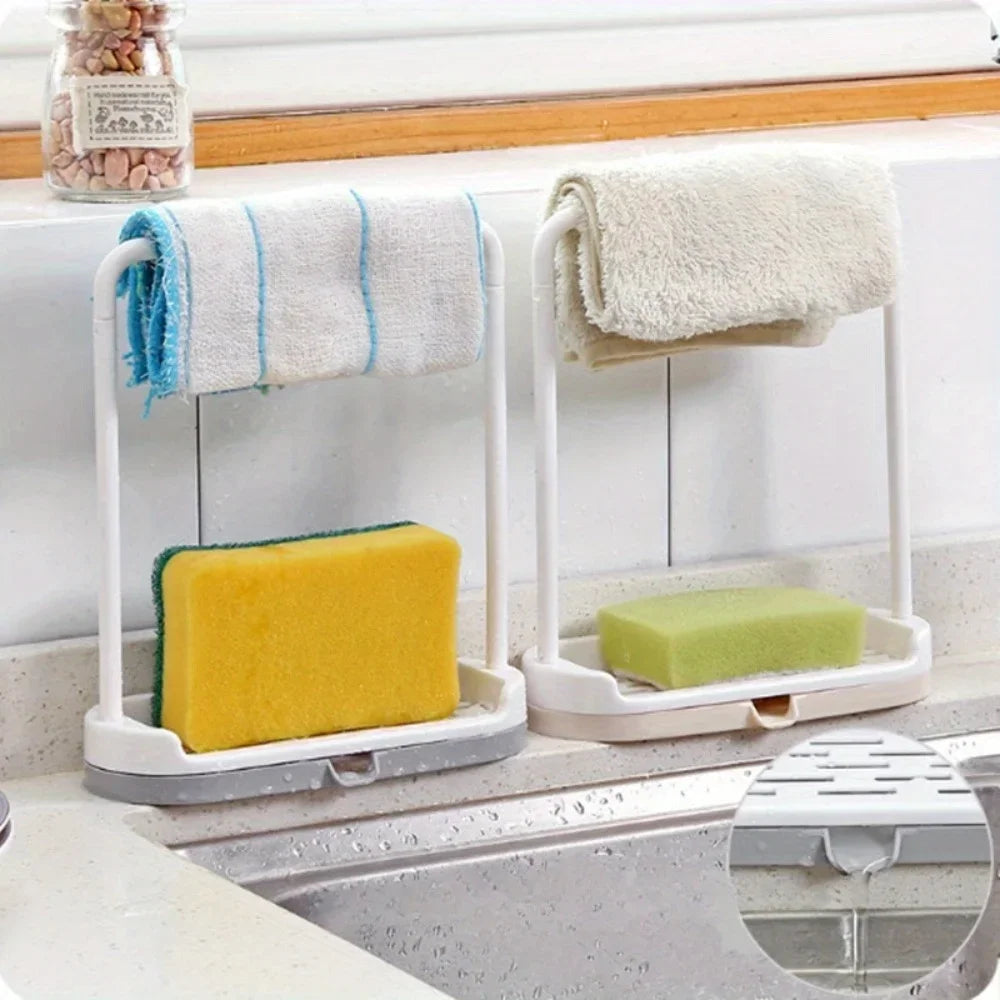 1PC Plastic Kitchen Towel Storage Rack With Sponge Drain Shelf